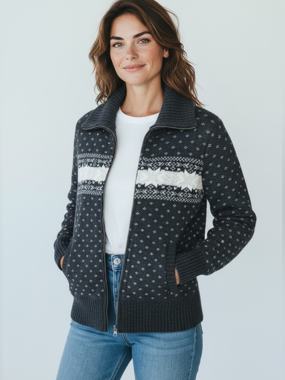 Eddie Bauer Nordic Snowflake Wool Zip Cardigan Sweater